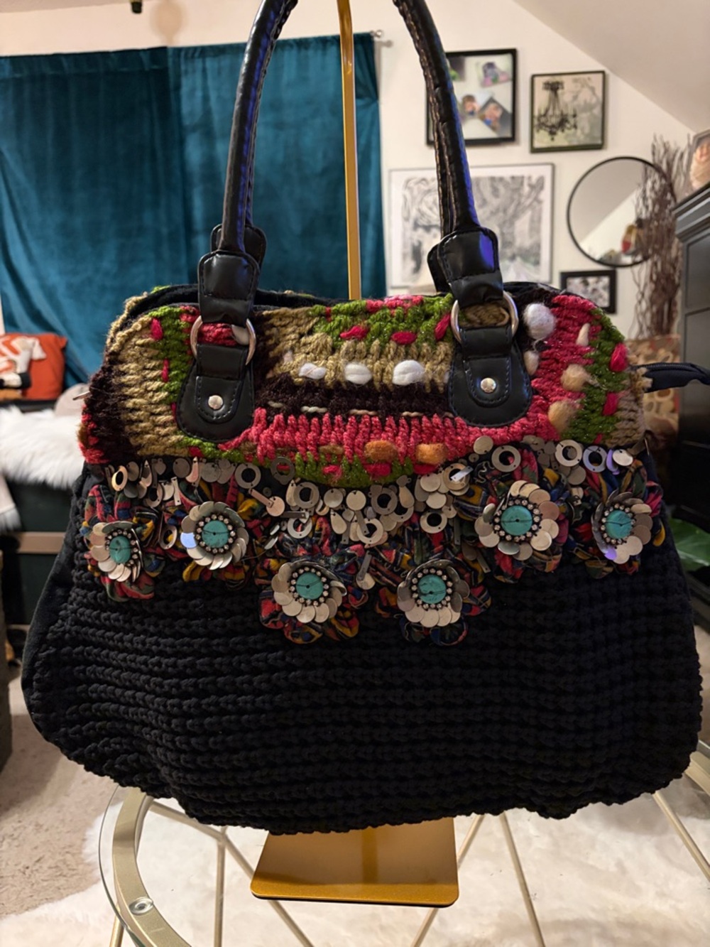Luna Llena Handcrafted Black Crochet Tote with Colorful Embellished Trim